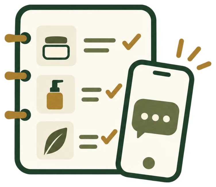 Lista de pedido marcada y teléfono con mensaje de WhatsApp